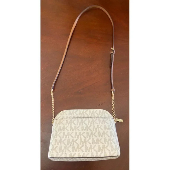 Michael Kors Dome Crossbody Bag Signature Logo Brown Leather Strap Gold Details - Picture 3 of 15